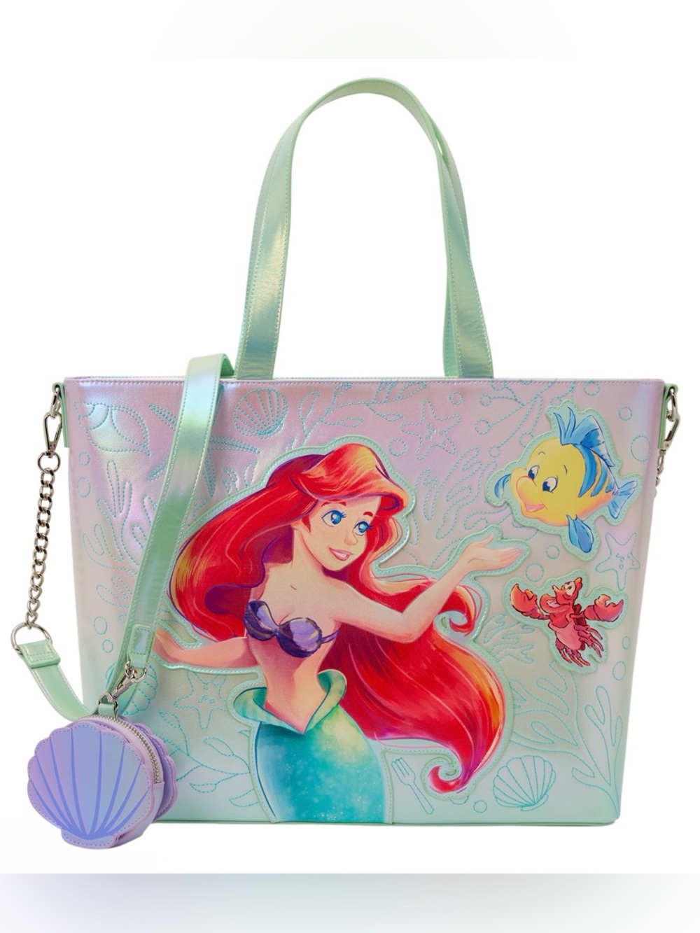 New Loungefly Iridescent Mermaid Ariel Tote in Mint and Red